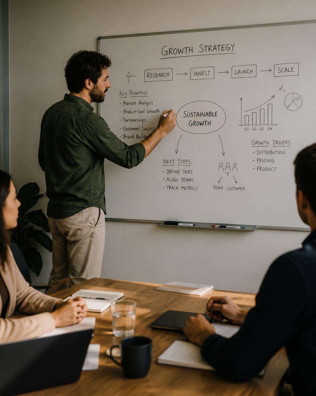 A planning session at a whiteboard mapping workflows and responsibilities while colleagues take notes