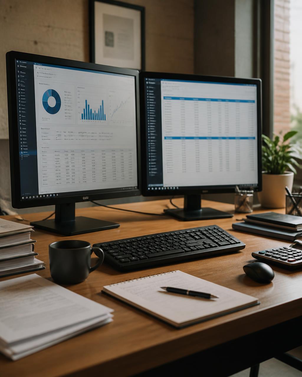 An organized accounting workspace with two monitors showing financial software dashboards and ledgers