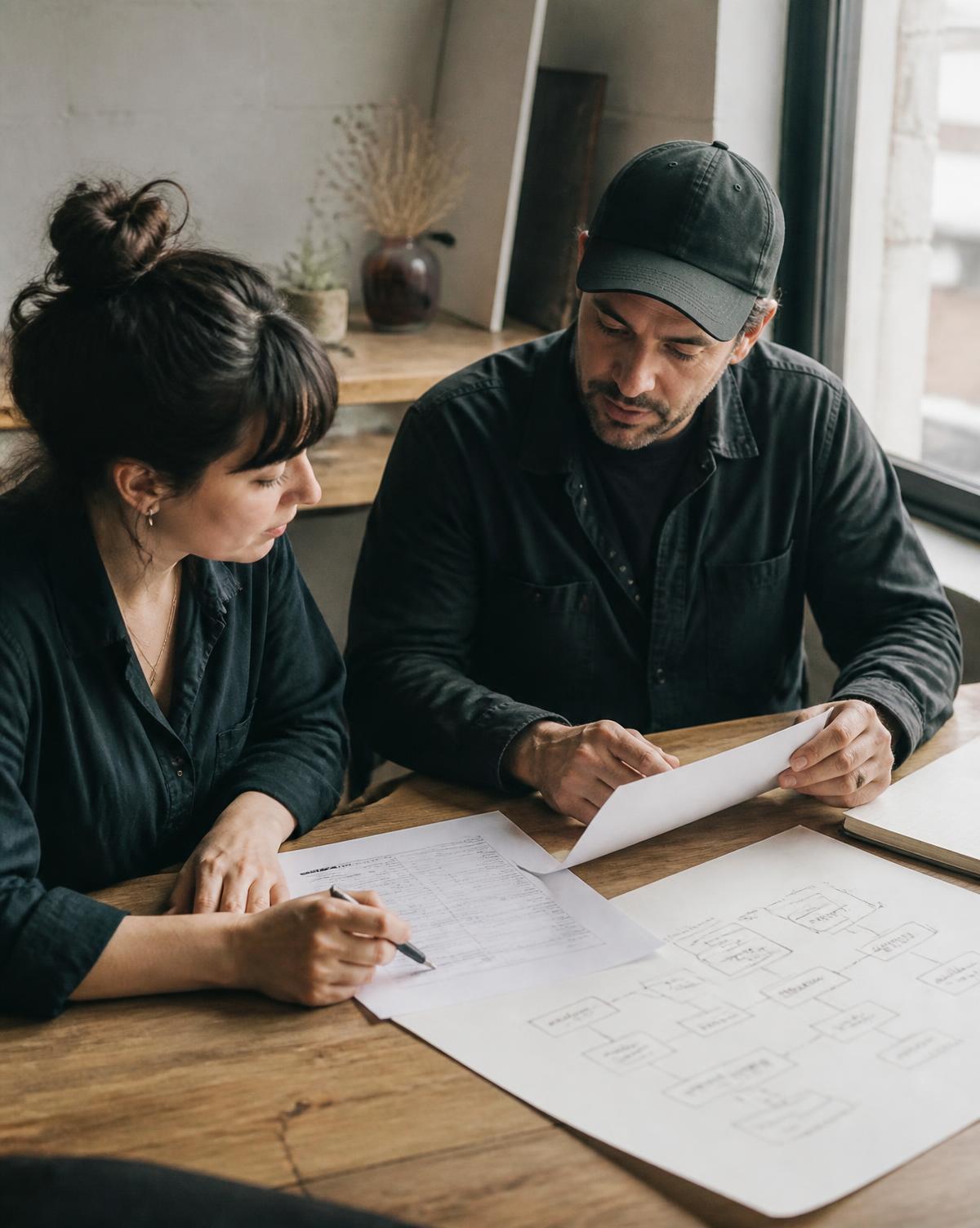 A business owner and an advisor reviewing a printed procedure alongside a hand-drawn workflow diagram