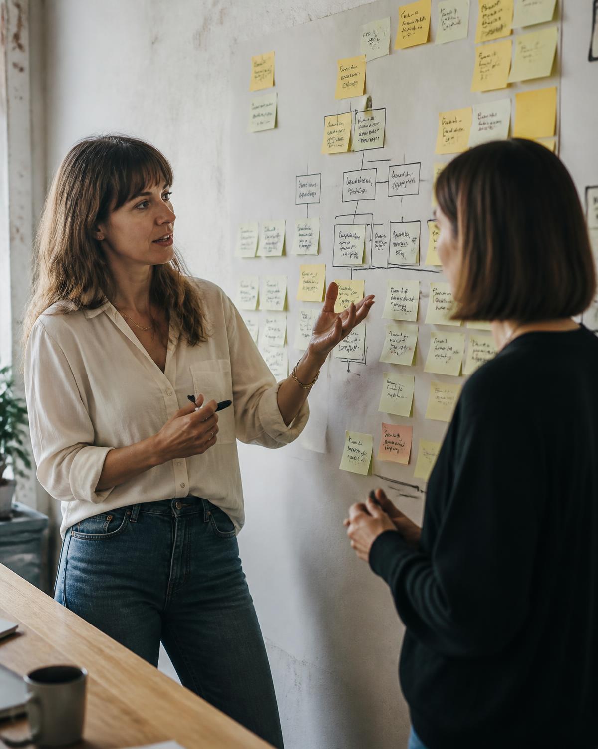 Two colleagues discussing roles and reporting relationships in front of an organizational chart sketch