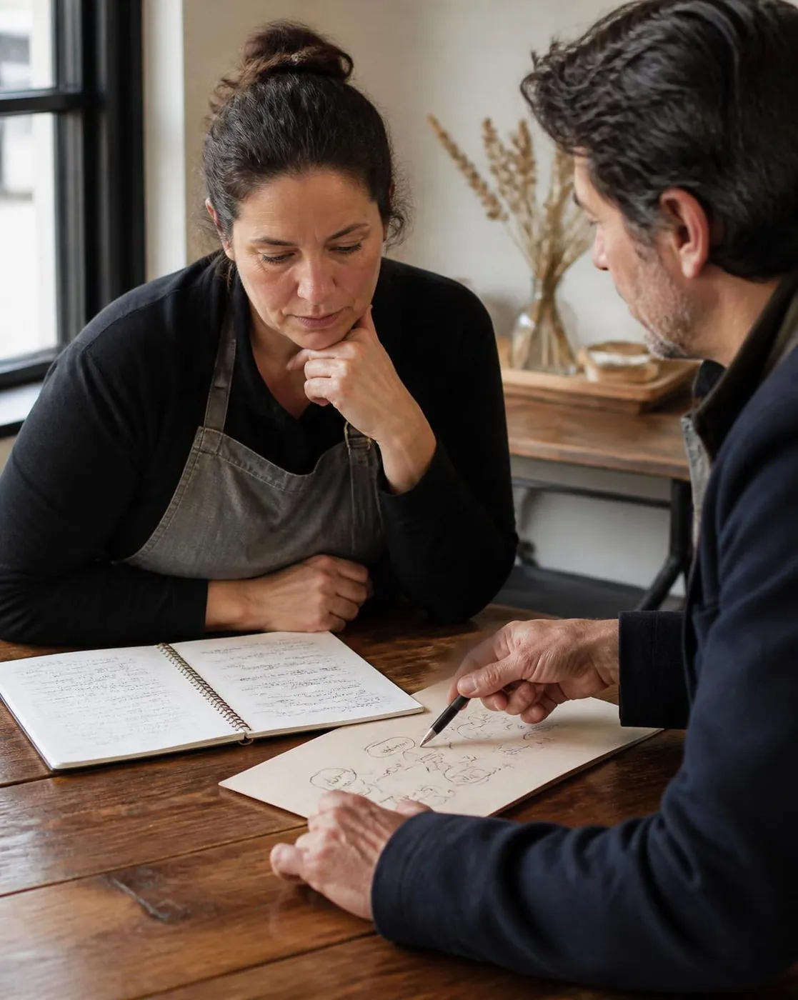 A business owner with a notebook of questions while an advisor sketches out how the pieces of a business structure fit together