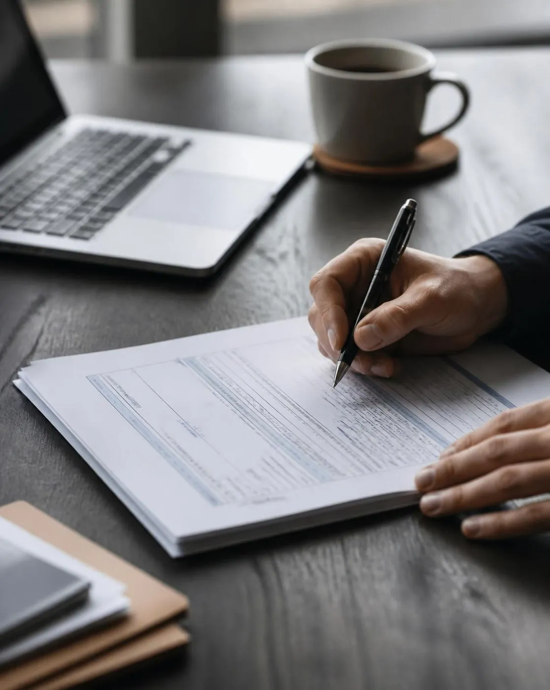 Senior advisor annotating internal control workpapers at a desk