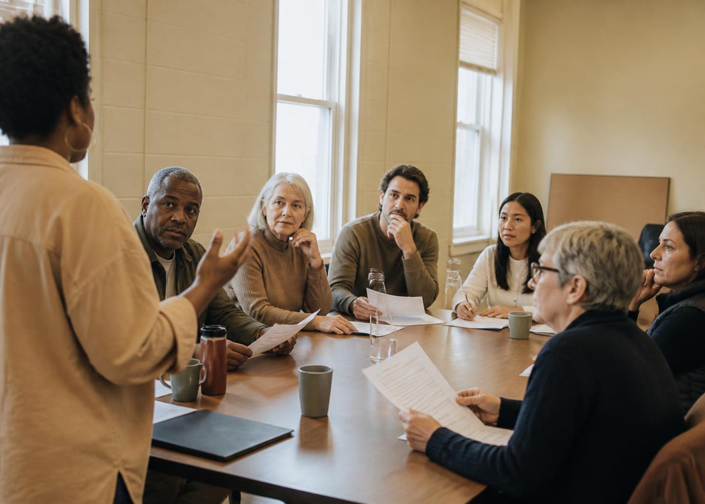 Volunteer nonprofit board members listening to a finance update during a board meeting