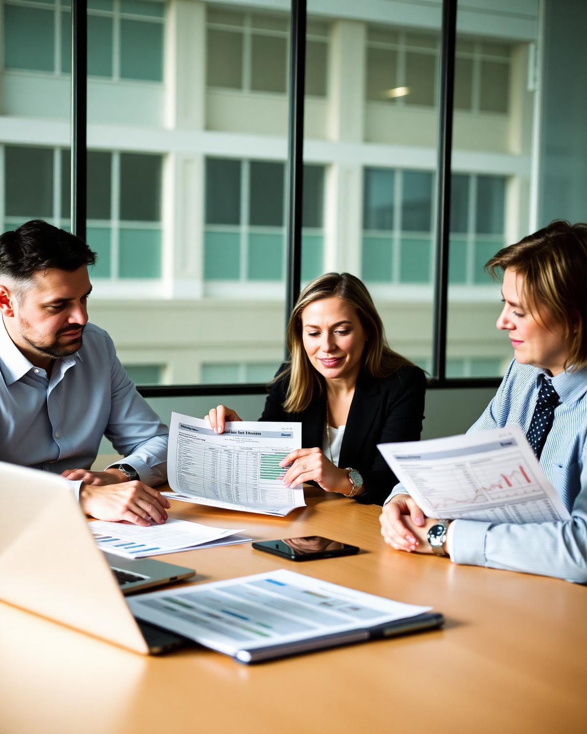 Business owners and an advisor reviewing business financial statements and cash-flow analysis before a commercial property decision