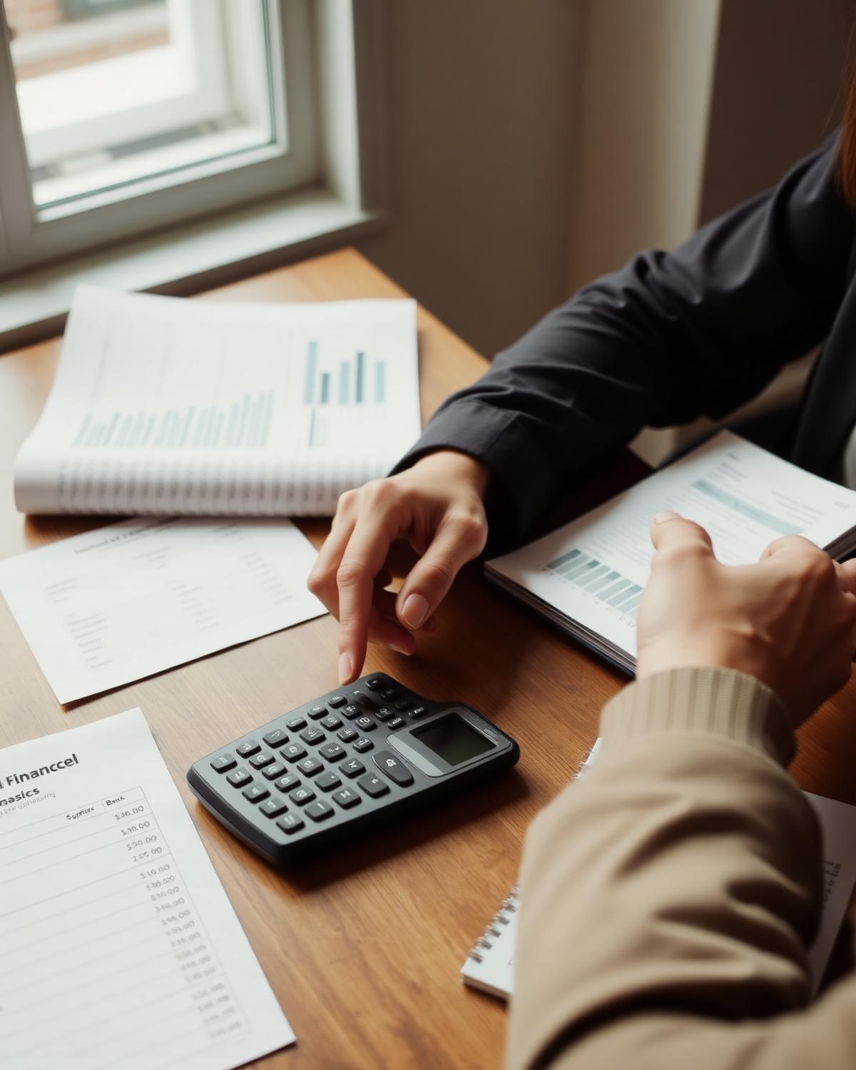 A couple reviewing household budget documents before a home purchase