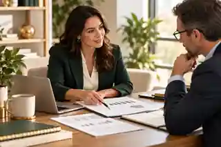 An advisor and a business owner reviewing printed business reports together at a desk